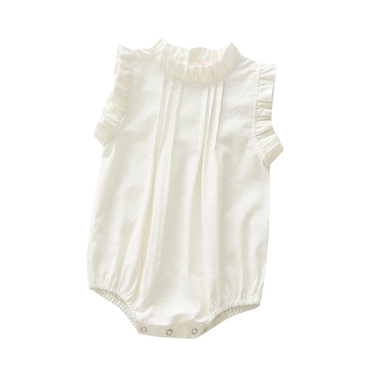 White baby romper with ruffled details on a white background