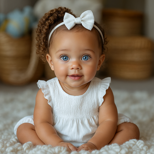 Baby in a white dress with a bow headband sitting on a soft surface.