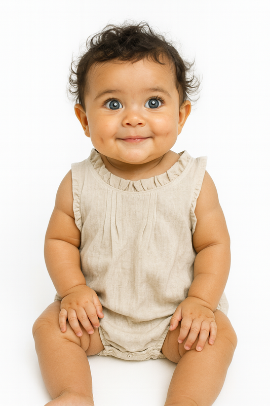 Baby wearing a beige romper sitting on a white background