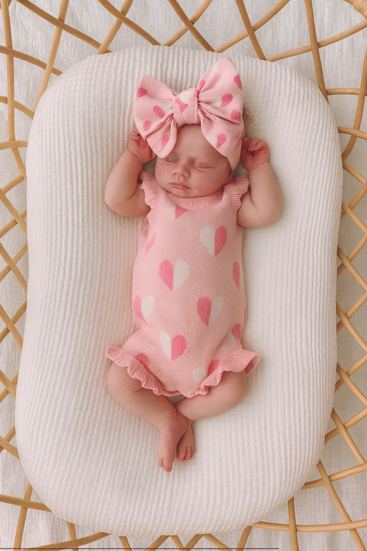 Newborn baby in a pink heart-patterned outfit and headband lying on a white cushion.