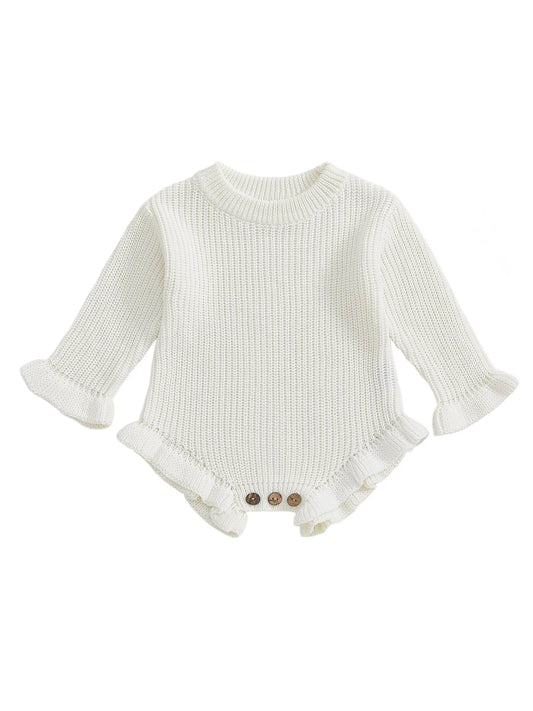 White ribbed baby romper with buttons on a white background