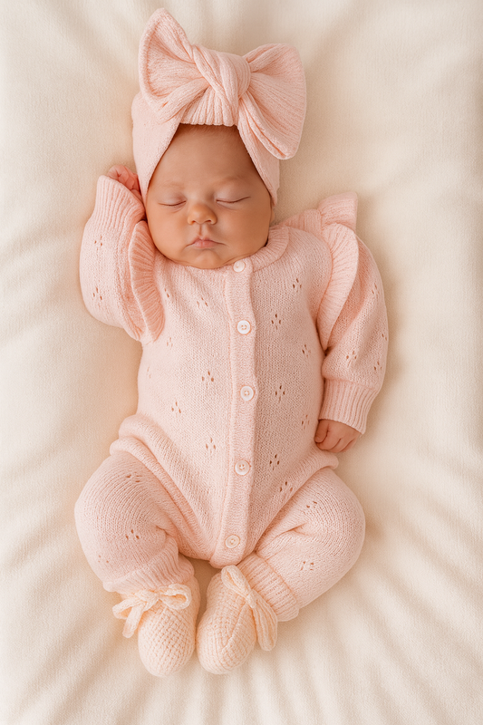 Newborn baby in a pink knitted outfit with a matching headband on a soft beige background