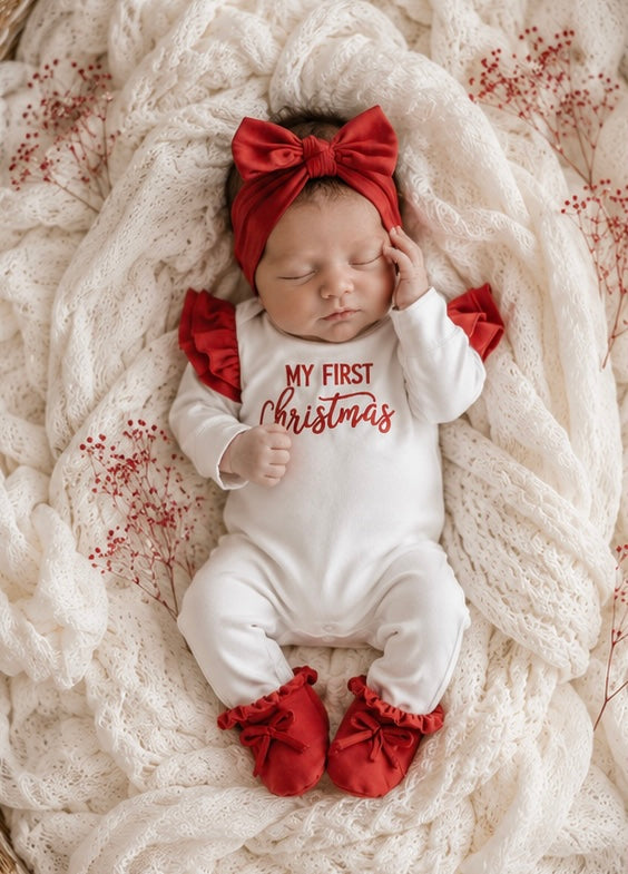 A sleeping newborn baby wearing a white one-piece jumpsuit with red ruffle sleeves and 'MY FIRST Christmas' printed on the chest, along with a red bow headband and red booties, lying on a chunky cream knit blanket.