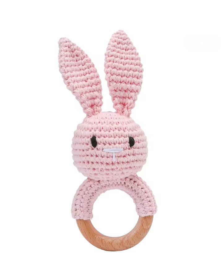 CLEARANCE- Wooden knit bunny rattle
