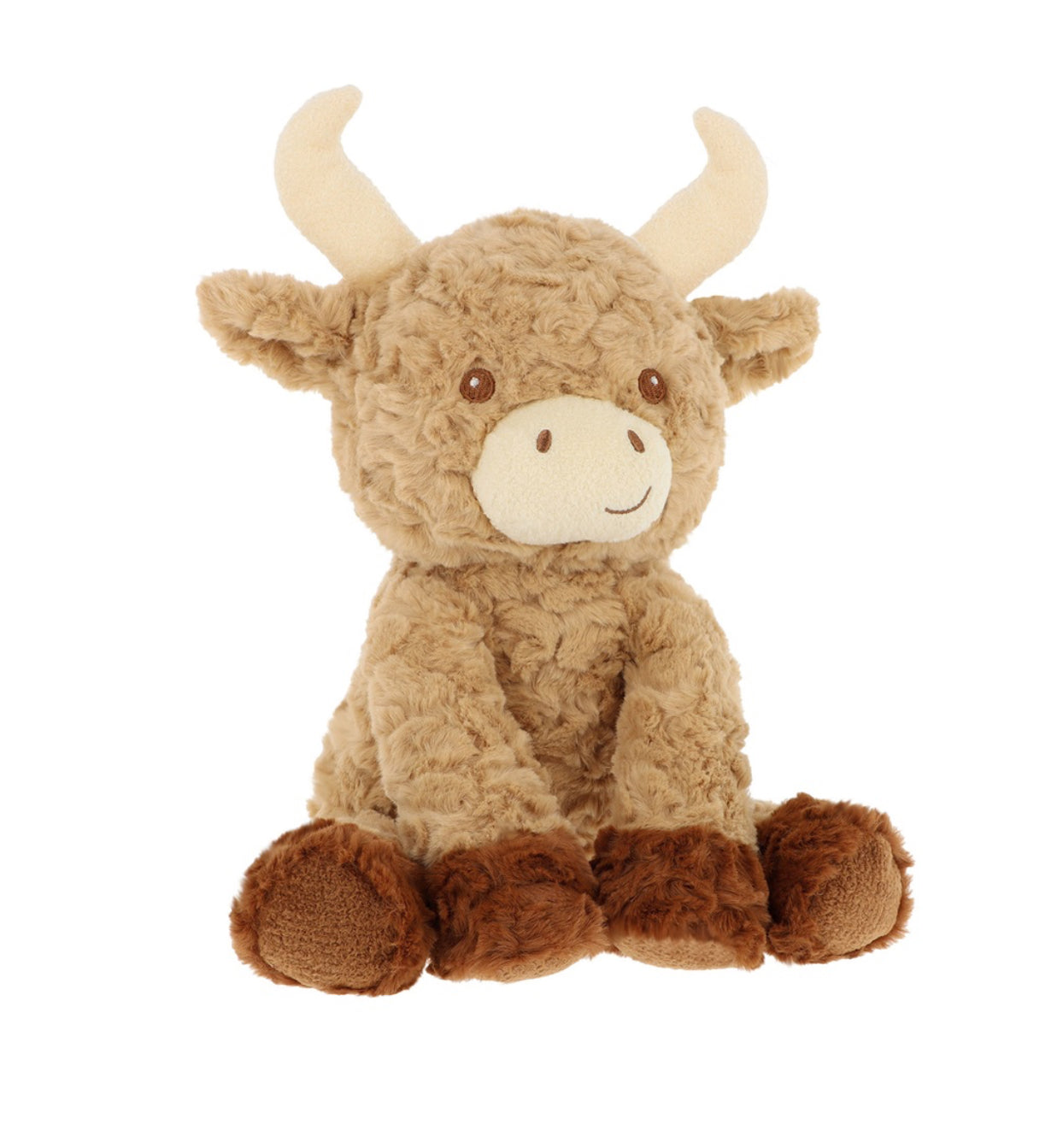 A plush toy bull with curly light brown fur, cream-colored horns and snout, and darker brown hooves, sitting against a plain white background.