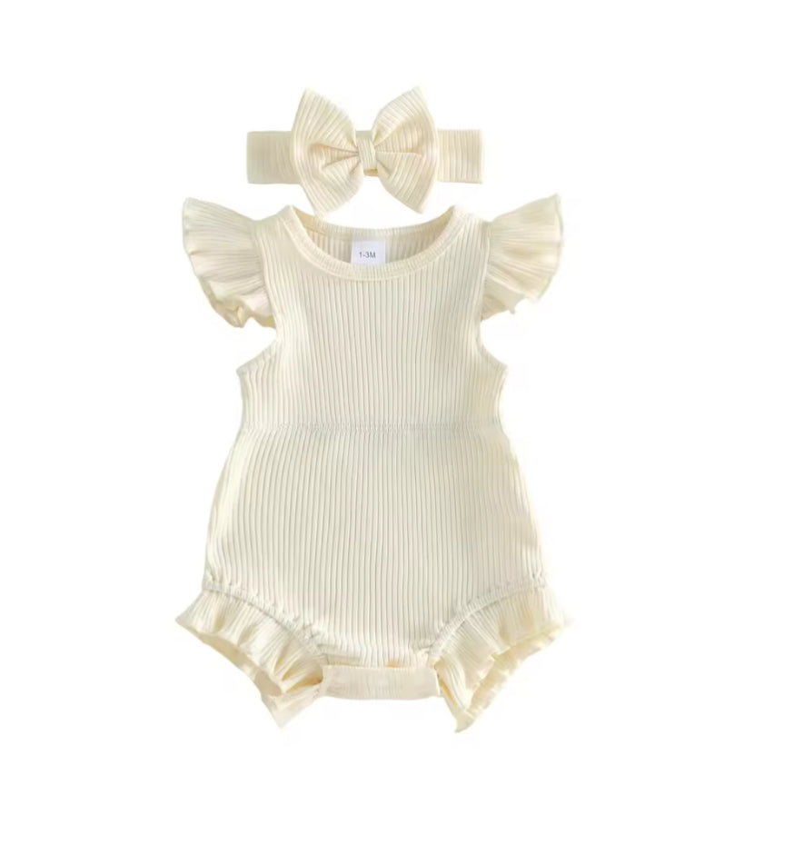 2 pce ribbed romper headband Set- Beige- special price