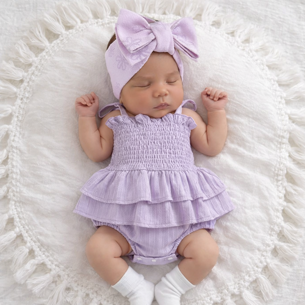 Baby girls clothing Baby in a purple outfit with a mheadbandlying on a white textured surface baby boho