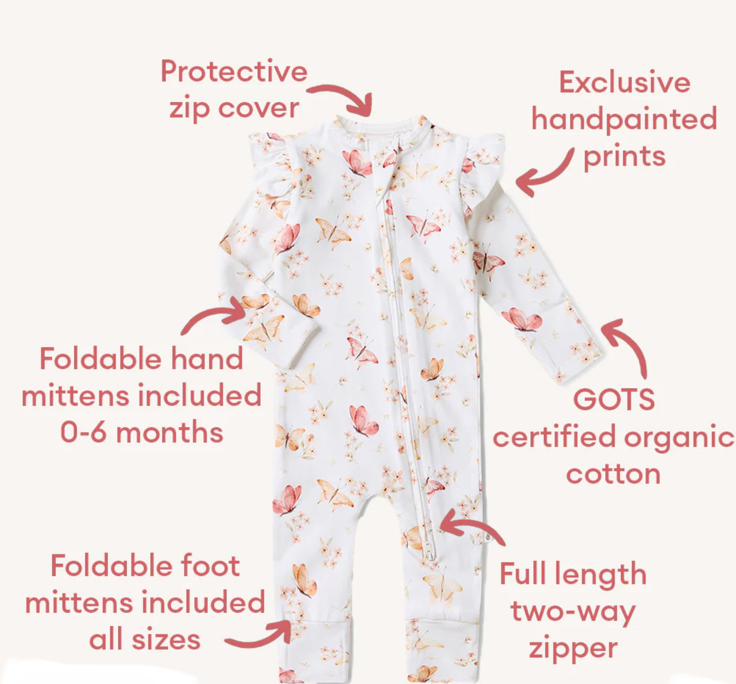 Butterfly Organic Snugglesuit Convertible Romper with Frill- Special Price