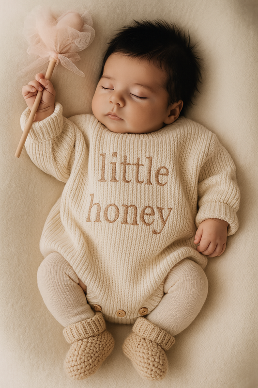 Newborn baby wearing a 'little honey' outfit, holding a plush toy.