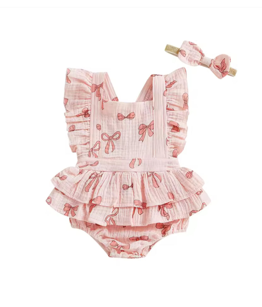 CLEARANCE- Bow print ruffle Romper Set
