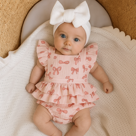 CLEARANCE- Bow print ruffle Romper Set