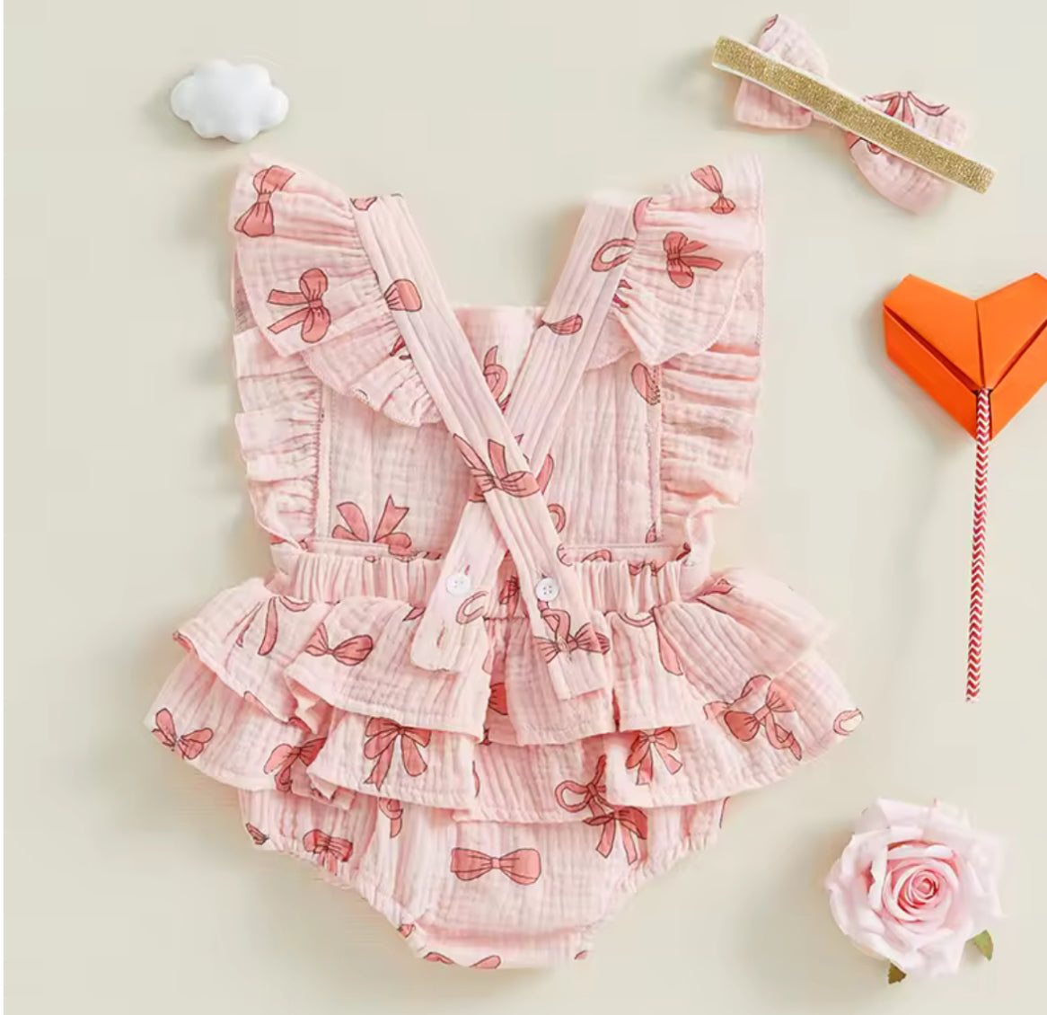 CLEARANCE- Bow print ruffle Romper Set