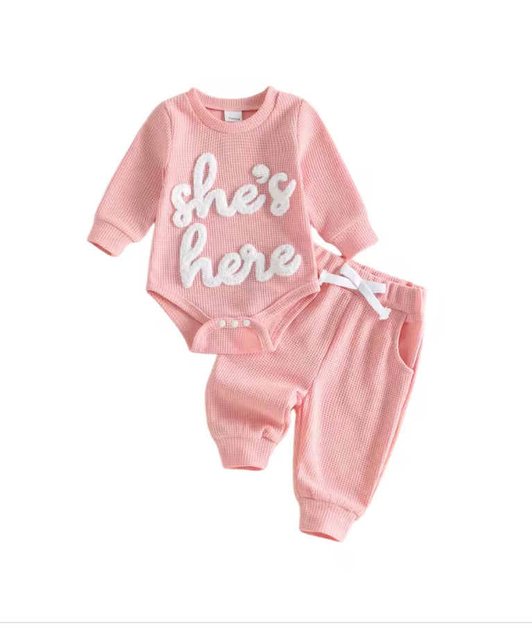She’s Here Embroidered Romper