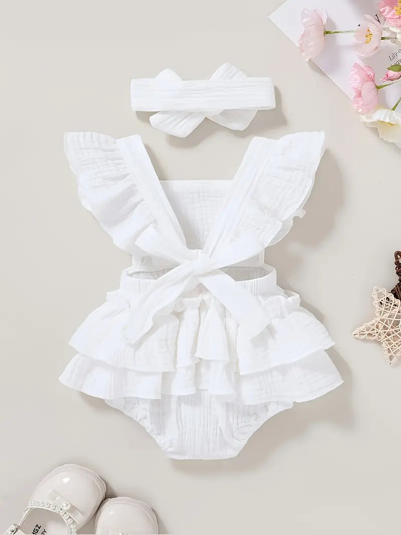 CLEARANCE- Amelia white cotton ruffle Romper