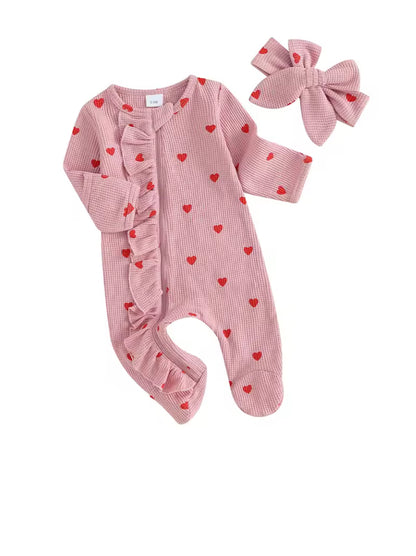 Heart peint baby girls romp,3r with matching headband 