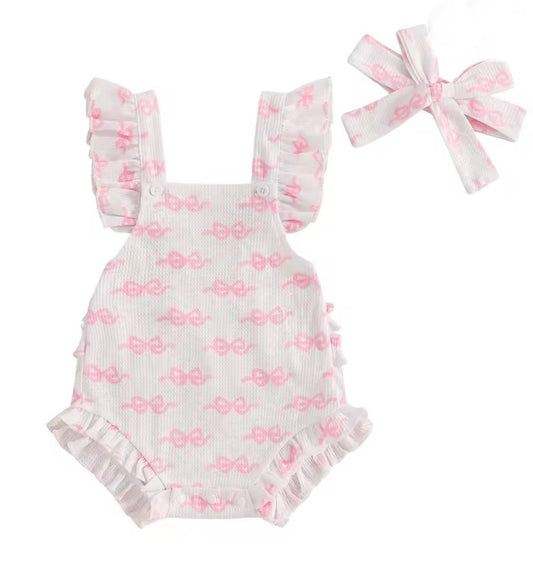 Baby girls romper set, bow print , waffle fabric, flutter straps , summer set, ruffle back with matching headband. 
