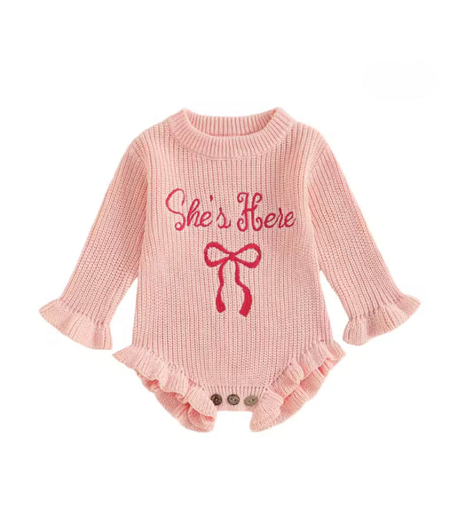 CLEARANCE -‘She’s Here” knit Romper