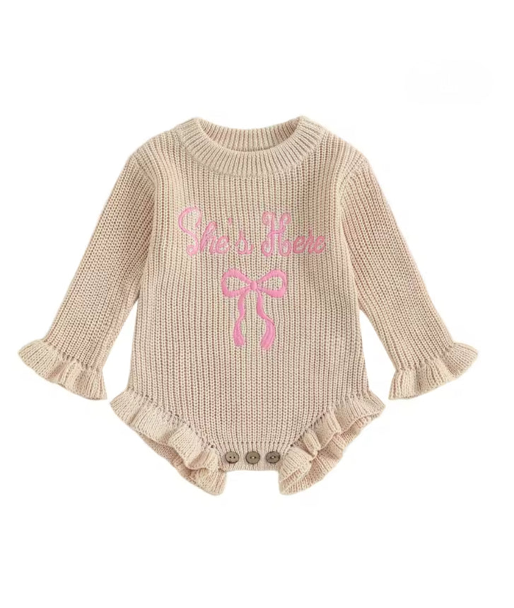 CLEARANCE -‘She’s Here” knit Romper