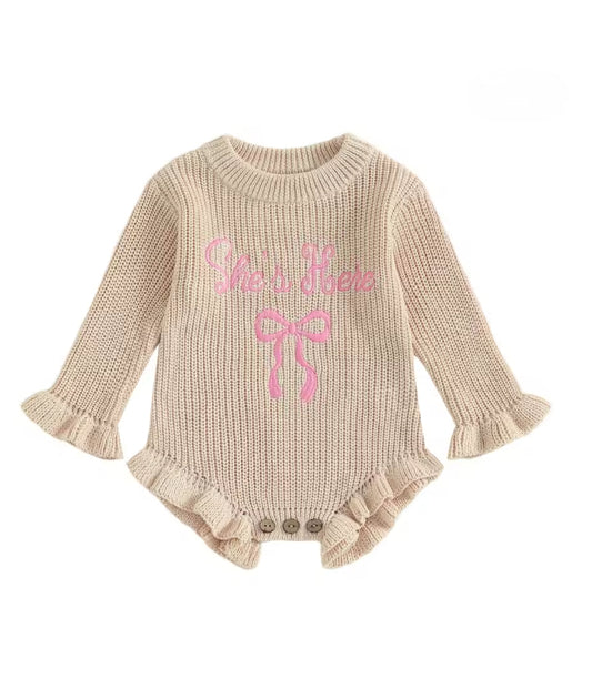 CLEARANCE -‘She’s Here” knit Romper