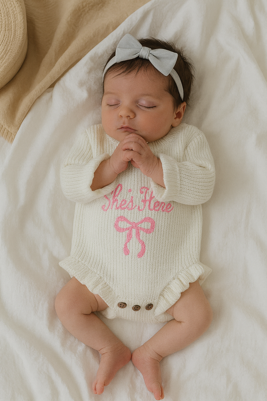 CLEARANCE -‘She’s Here” knit Romper