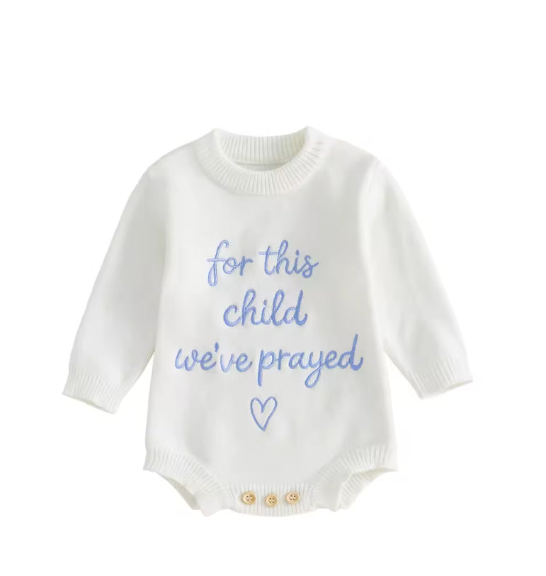 ‘For this child we prayed” knit cotton embroidered Romper - Blue