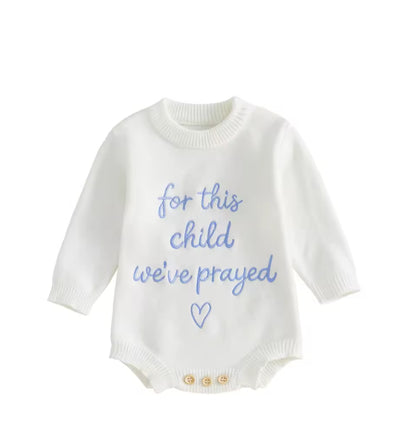 ‘For this child we prayed” knit cotton embroidered Romper - Blue