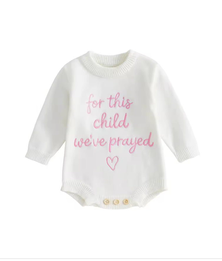 ‘For this child we prayed” knit cotton embroidered Romper - Pink