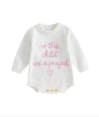 ‘For this child we prayed” knit cotton embroidered Romper - Pink