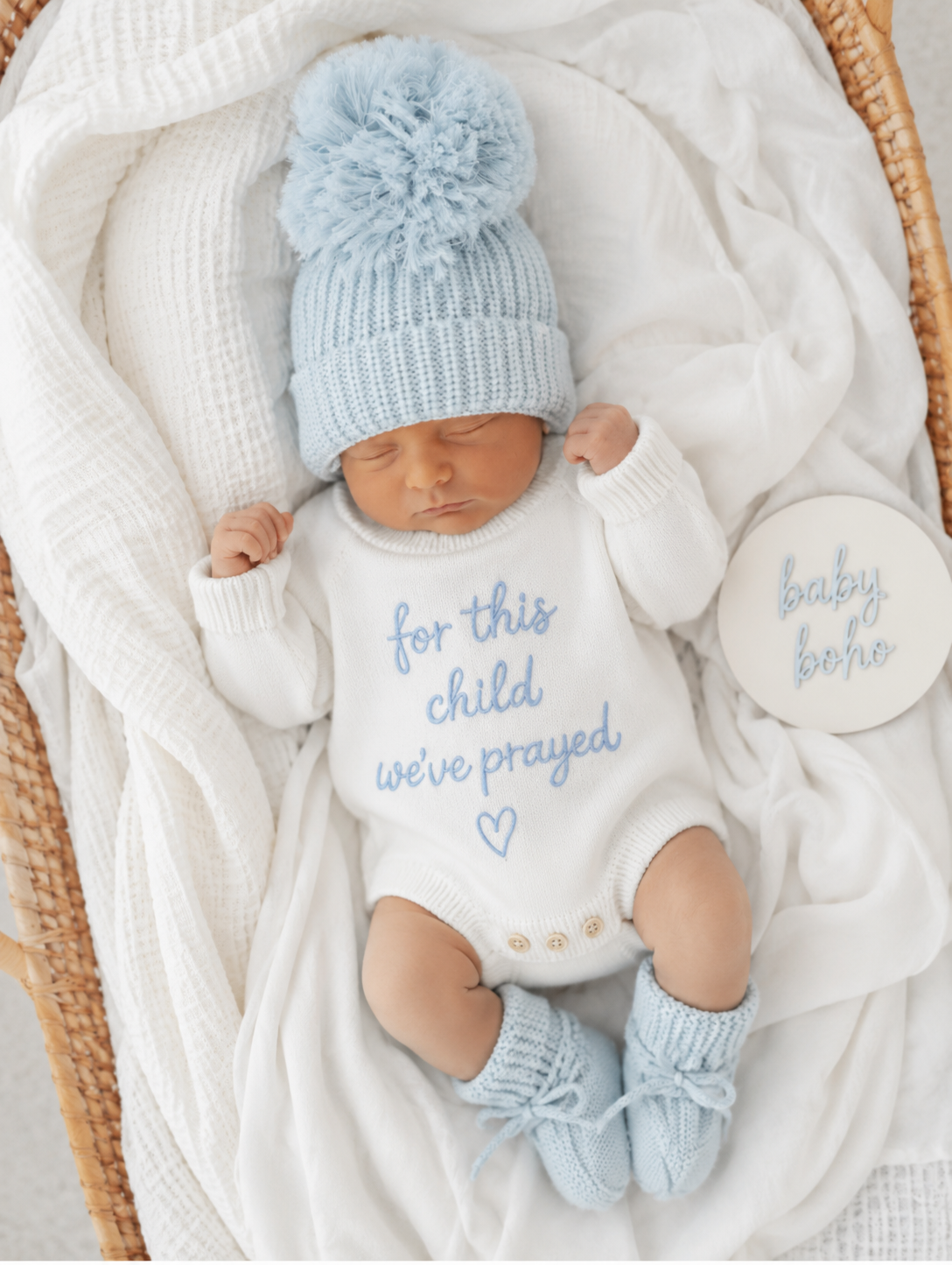 ‘For this child we prayed” knit cotton embroidered Romper - Blue