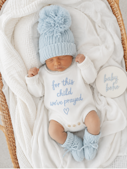 ‘For this child we prayed” knit cotton embroidered Romper - Blue