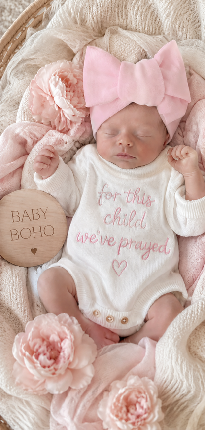 ‘For this child we prayed” knit cotton embroidered Romper - Pink