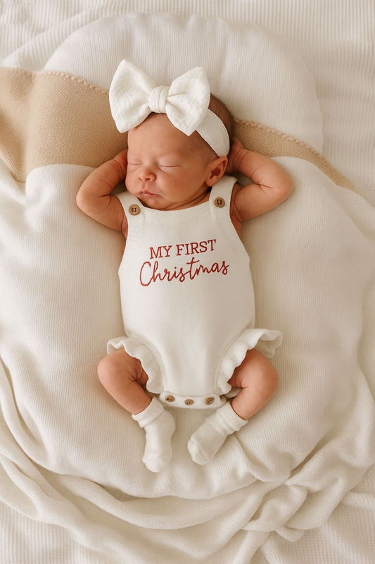 CLEARANCE - My first Christmas white knit Romper- 🤶🤶FREE HEADBAND