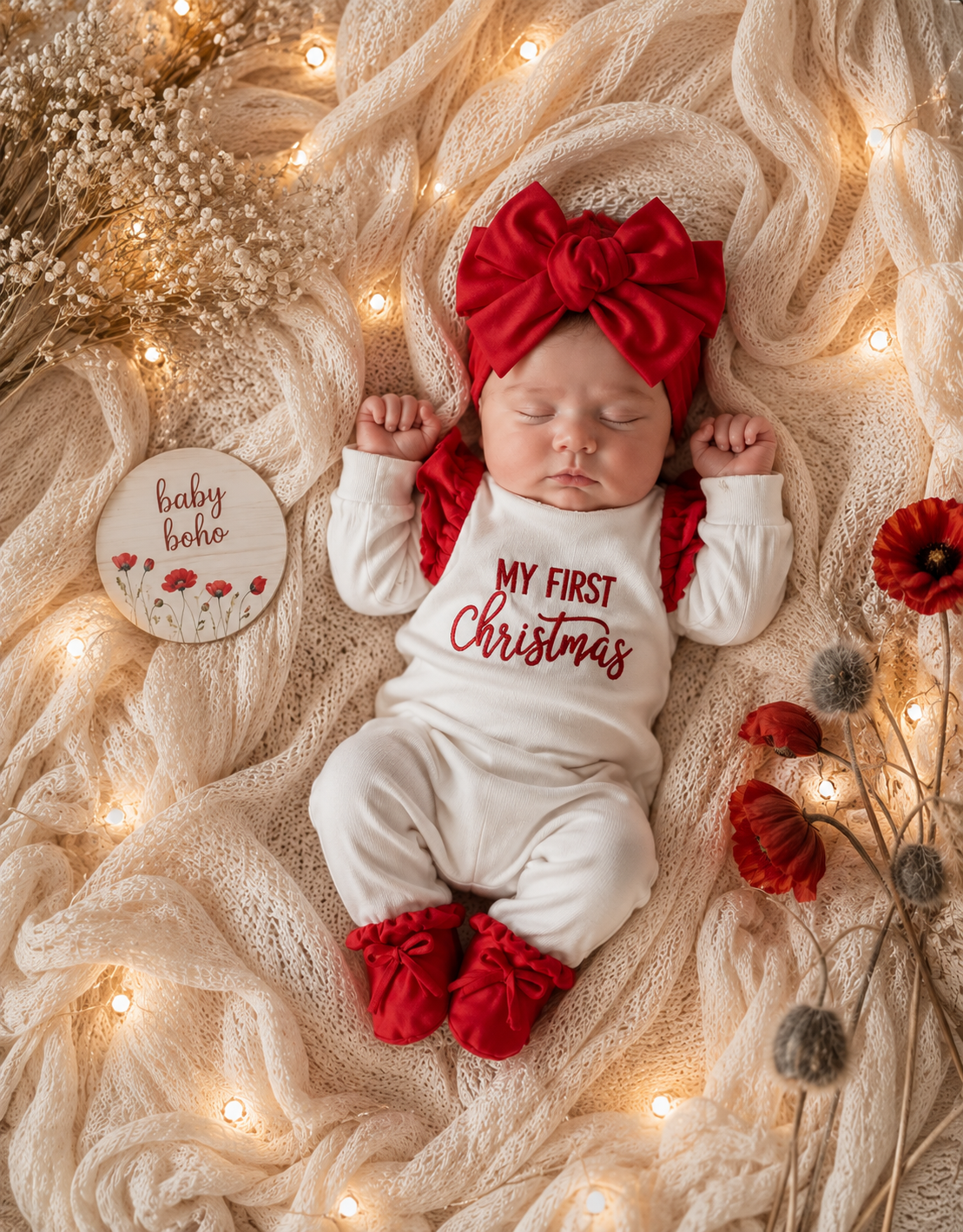 A sleeping newborn baby wearing a white long-sleeve Christmas-themed onesie with red ruffle trim, a large red bow headband, and red booties, posed on a cream knit blanket with warm fairy lights and decorative dried flowers. A round wooden sign reads 'baby boho'.
