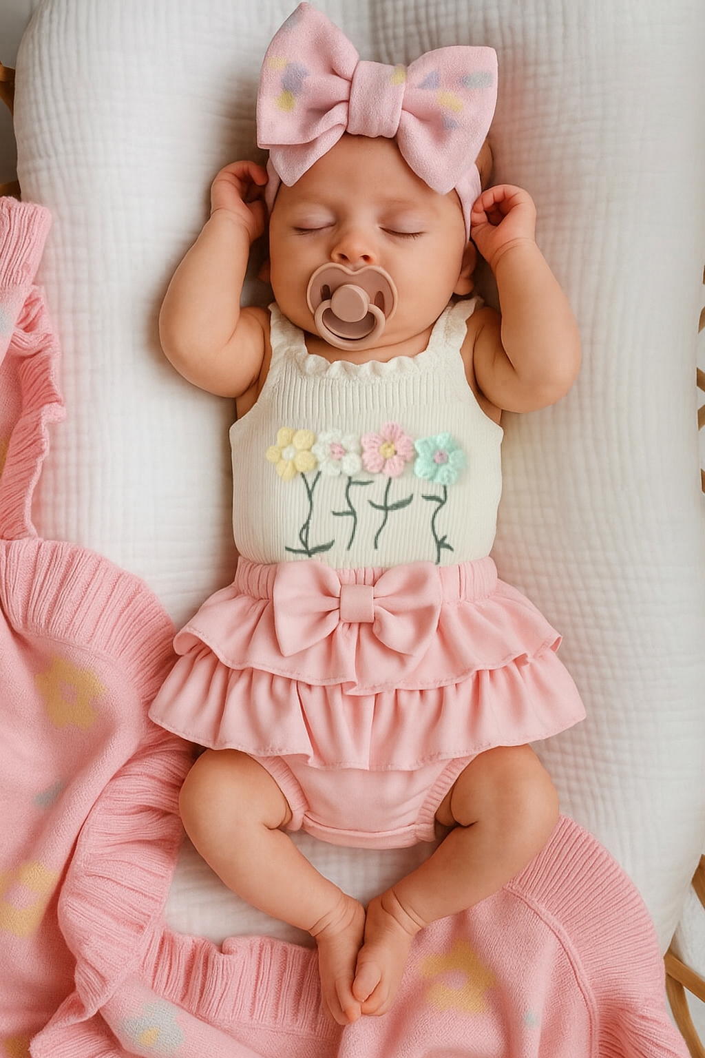 Baby in a pink outfit with a bow and pacifier, lying on a soft surface.