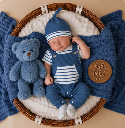 Baby boho romper set -A newborn baby wearing a blue and white striped knit hat, matching overalls, and a striped shirt, sleeping peacefully in a wicker basket. The baby is surrounded by a white textured blanket, a navy blue knit blanket, a blue plush teddy bear, and a round wooden sign that reads 'baby boho'.