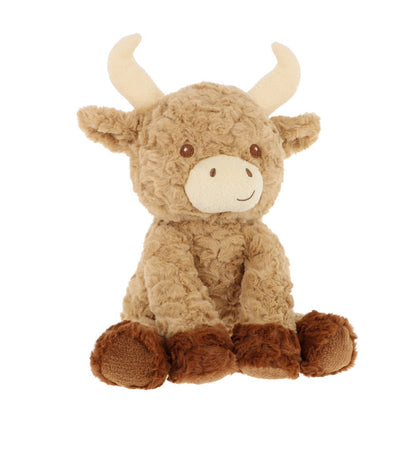 A plush toy bull with curly light brown fur, cream-colored horns and snout, and darker brown hooves, sitting against a plain white background.