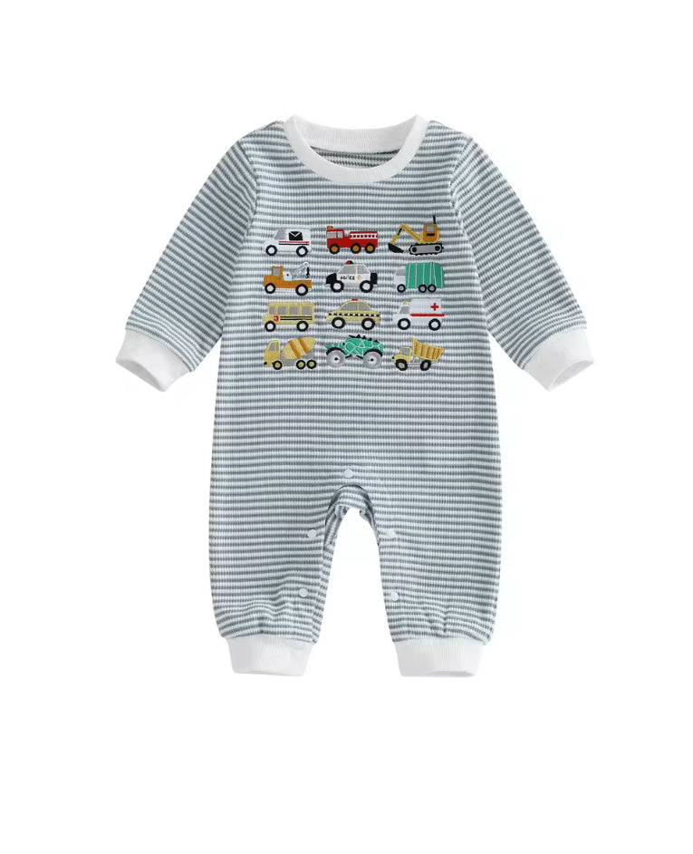 Embroidered cotton blue stripe romper