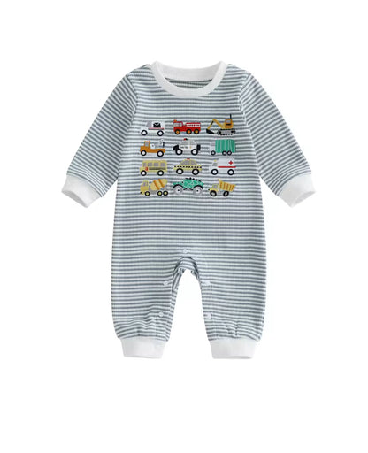 Embroidered cotton blue stripe romper