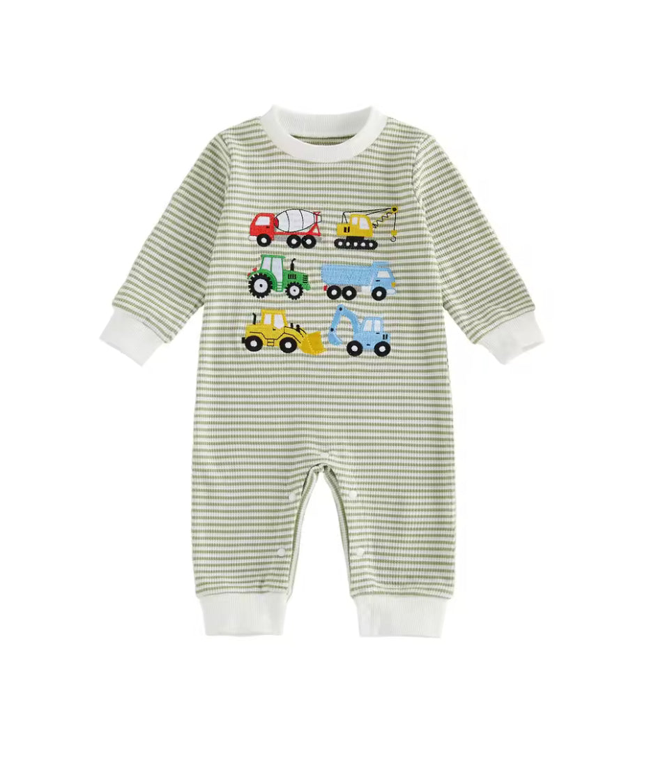 Embroidered cotton green stripe romper