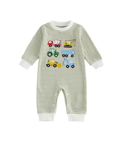Embroidered cotton green stripe romper