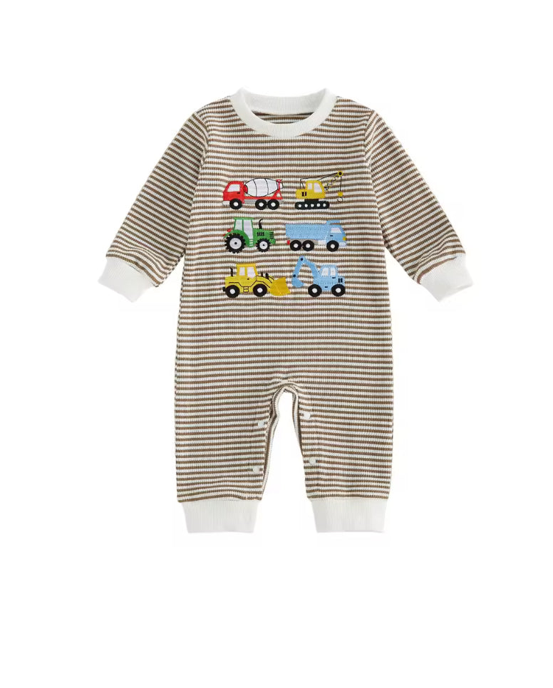 Embroidered cotton brown stripe romper