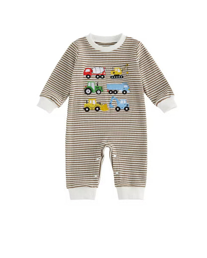 Embroidered cotton brown stripe romper