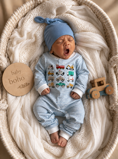 Embroidered cotton blue stripe romper