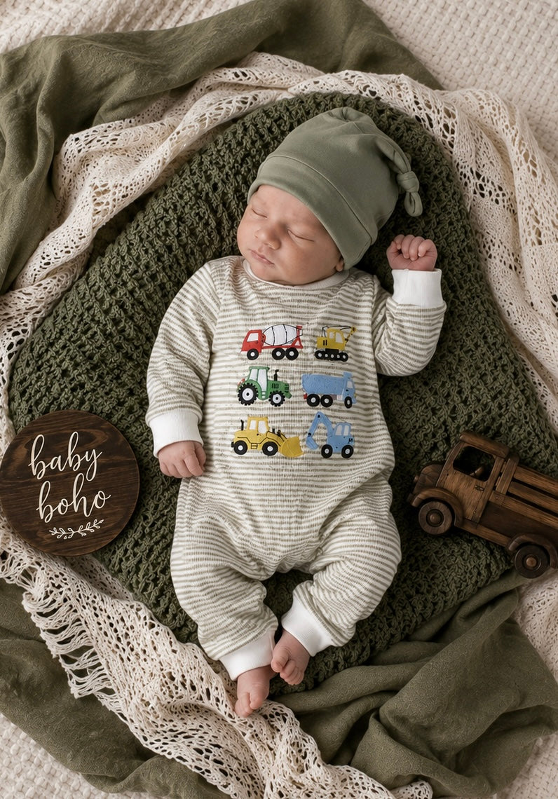 Embroidered cotton green stripe romper