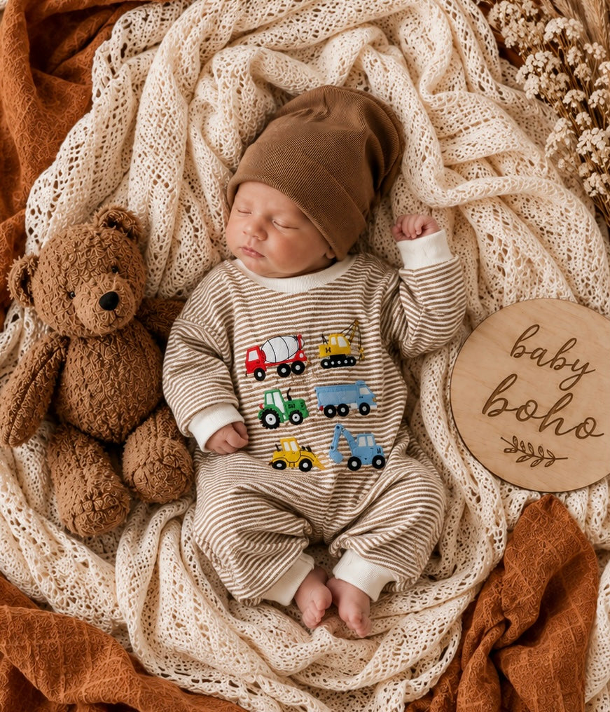 Embroidered cotton brown stripe romper