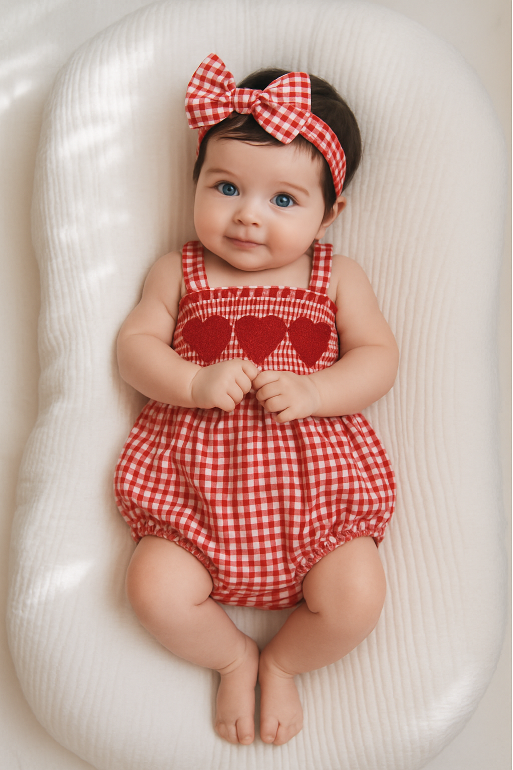 Baby wearing a red checkered romper with heart patterns and a matching headband.