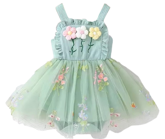 Light green dress with floral embroidery on a white background