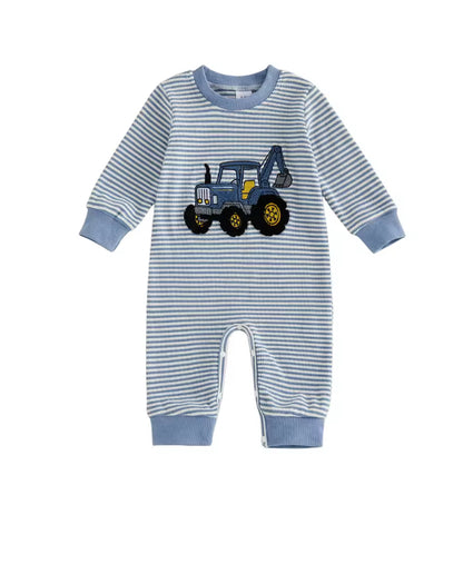 My lil excavator embroidered stripe cotton Romper - special price