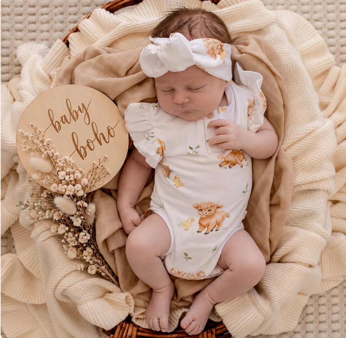SET- Highland Cows Short Sleeve Organic Bodysuit with Frill and topknot- 2 pce