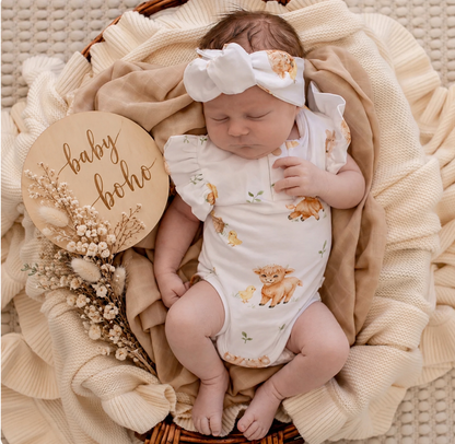 SET- Highland Cows Short Sleeve Organic Bodysuit with Frill and topknot- 2 pce